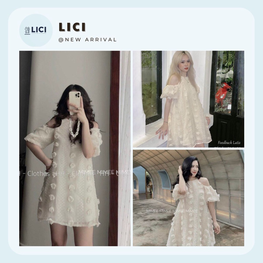 Váy baby doll hở vai đầm von hai lớp phối hoa nổi tiểu thư LICI-001155