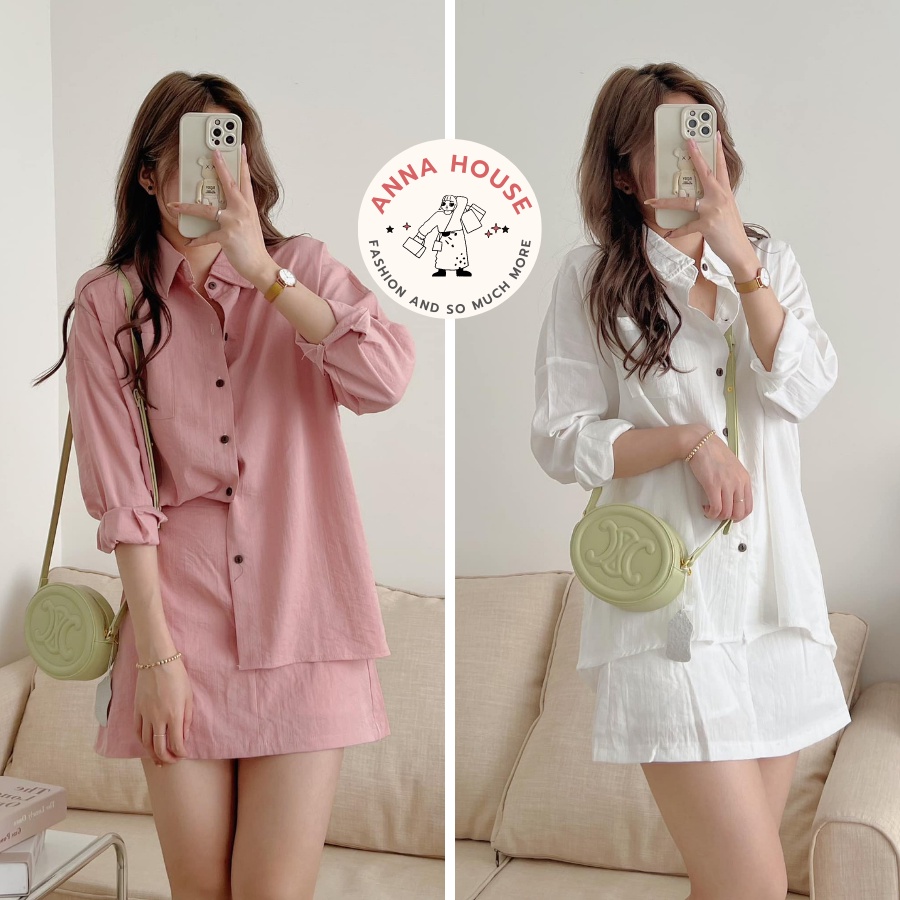 Set áo sơ mi tay dài form rộng kèm chân váy ngắn chữ A, Set đồ nữ sơ mi dáng rộng, chân váy ngắn mà xanh, đen, hồng