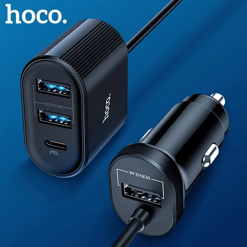 Tẩu sạc Hoco Z35 PD18W có 3 cổng USB+Type-C kèm dây sạc nhanh 1.2m kết hợp đèn Led dành cho xe o tô