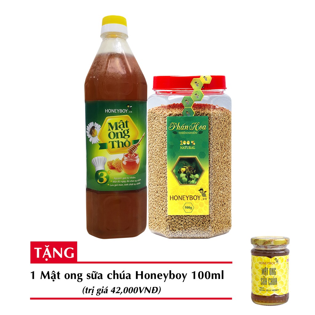 Bộ 2 Mật ong thiên nhiên HONEYBOY1kg+Phấn hoa thiên nhiên HONEYBOY500g + tặng1 Mật ong sữa chúa HONEYBOY100ml