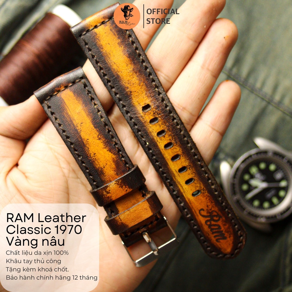 Dây Đồng Hồ Da Thật RAM Leather 1970 Da Bò Italia Vegtan Màu Socola Nền Vàng Bền Đẹp