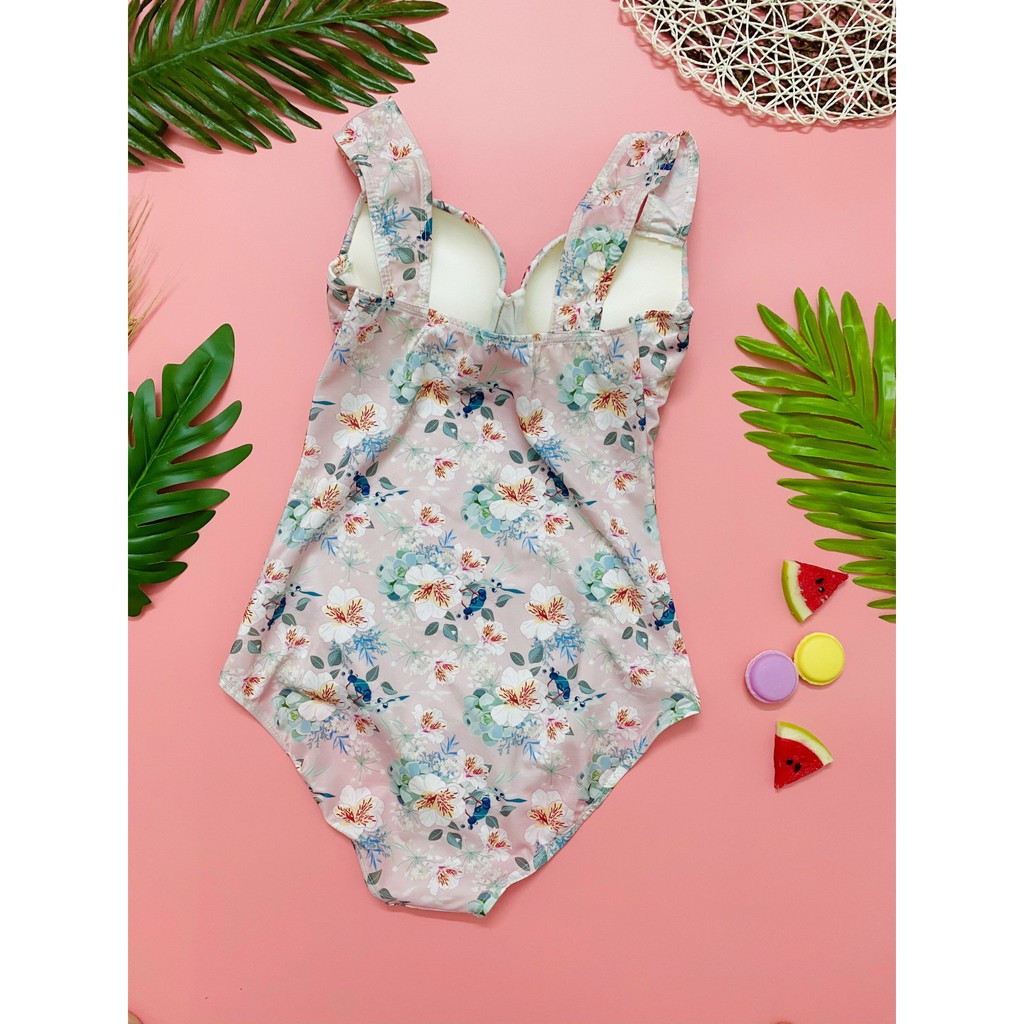 Bikini 1 mảnh liền thân họa tiết hoa lá bản vai to kín đáo mặc đi bơi