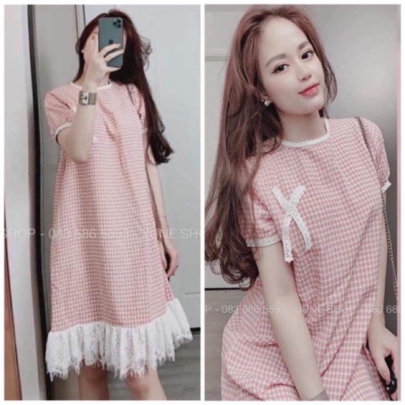 Đầm Bầu, Váy Bầu Thời Trang Kẻ Hồng Kết Hợp Ren Form Đuôi Cá Cực Nhẹ Nhàng, Xinh Xắn