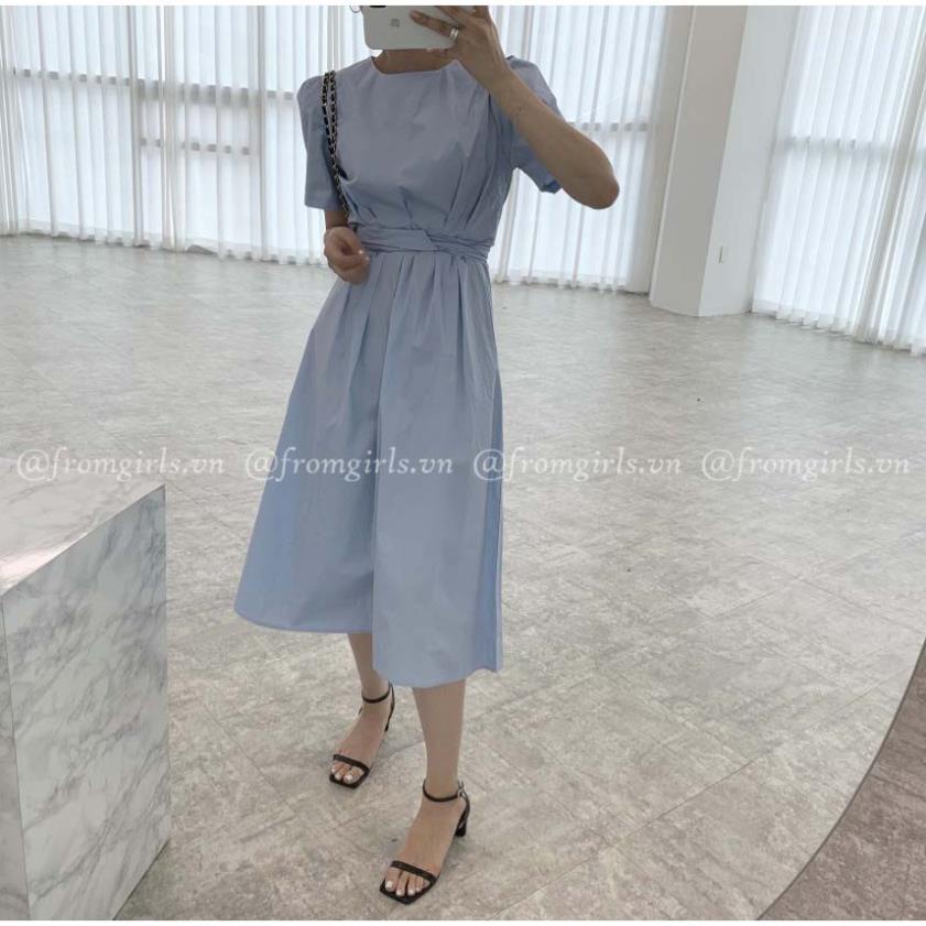 Váy maxi thắt nơ eo rơi, đầm xếp ly eo kèm thắt lưng (ảnh thật) Hàn Quốc - V43FG JIK