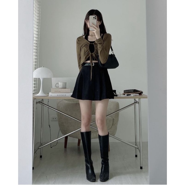 Sét áo bra + áo croptop dài tay cổ rút phong cách cá tính-1222