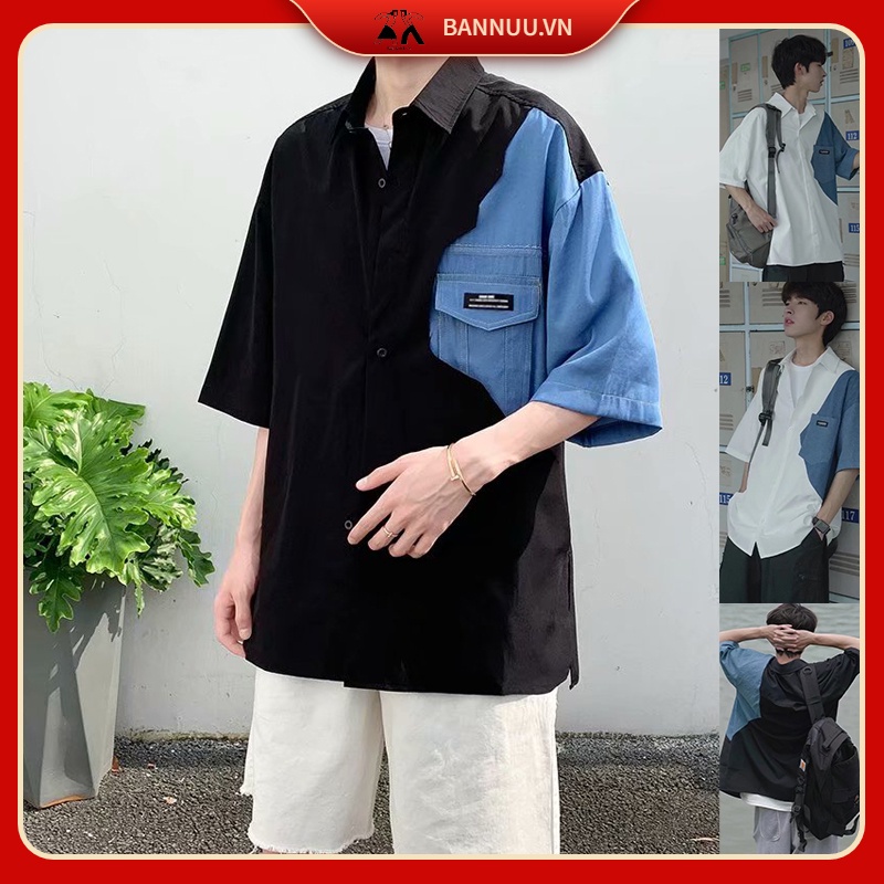 Áo Sơ Mi Nam Ngắn Tay Phối áo sơ mi unisex Thời Trang áo sơ mi nữ phong cách Hàn Quốc from rộng áo sơ mi lụa nam