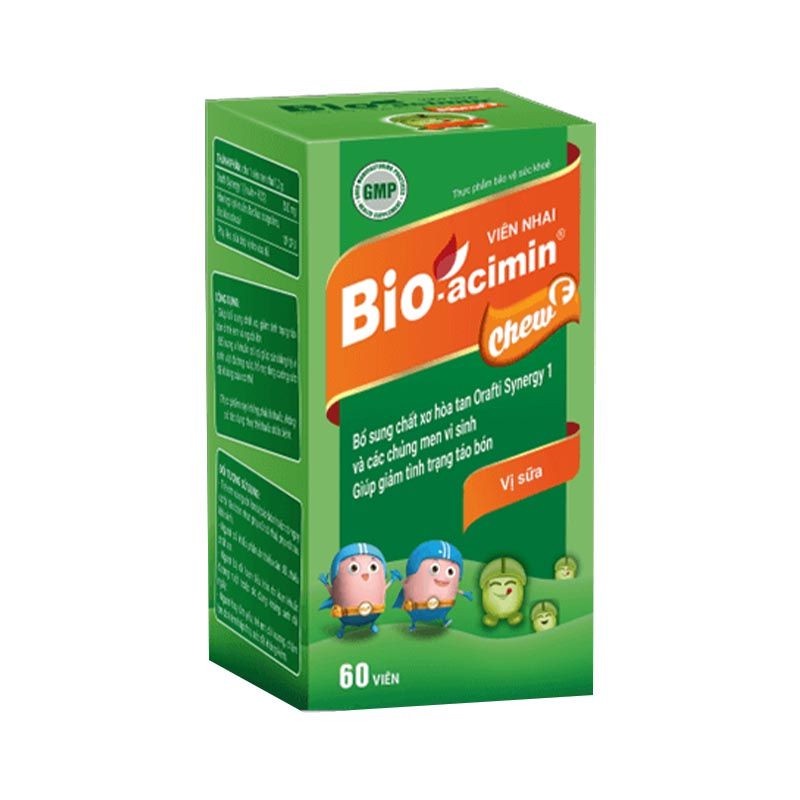 Viên nhai vị sữa Bioacemin chew F lọ 60 viên. Bổ sung chất xơ và các chủng men giúp giảm tình trạng táo bón ở trẻ