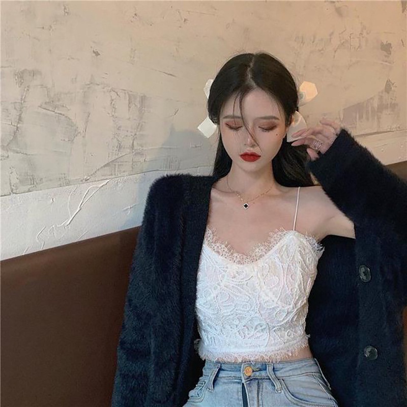 DUNEA Áo hai dây hở lưng phối ren phong cách retro quyến rũ cho nữ