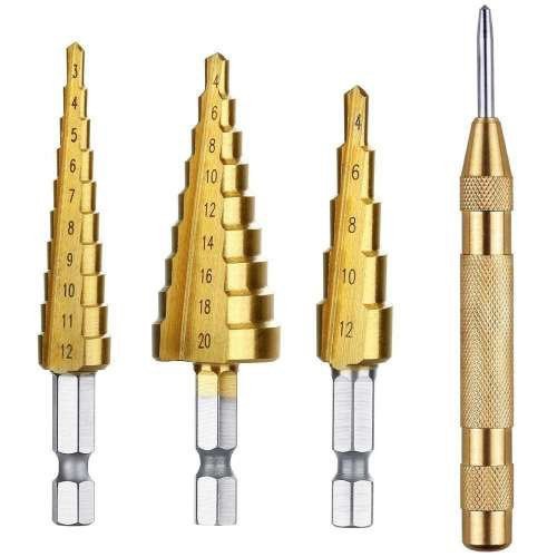 bộ 4 mũi khoan-Mũi khoan tháp xoắn HSS mạ titan hình nón 4-12mm 4-20mm 4-32mm Bộ 4 mũi khoan tháp nón