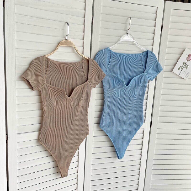 Áo len dệt kim bodysuit cổ vuông tim sexy