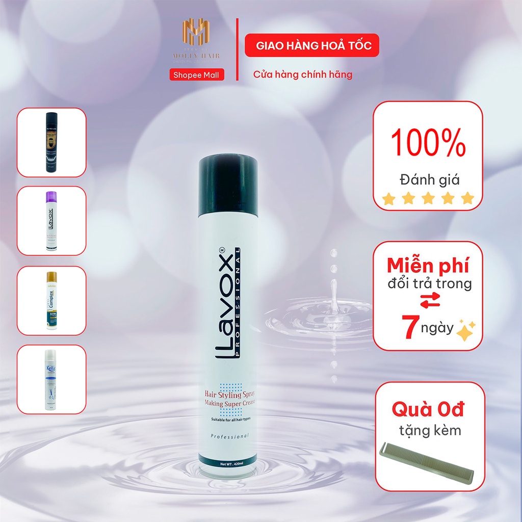 Keo xịt tóc giữ nếp nam nữ Mollyhair Kella, Nanocomplex giữ nếp 24h - 420ml