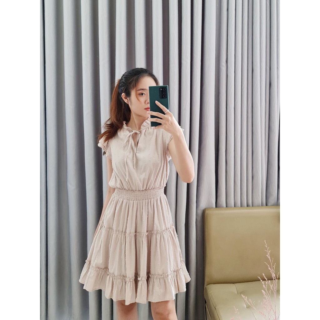 Q9394 - Đầm xòe Elower and Father cổ bèo V cột nơ tay cánh tiên nhún thun eo