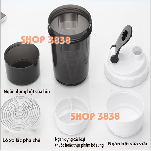 Bình Nước Lắc Shaker 3 Tầng Có Lò Xo Pha Chế Bột Sữa Whey Trà