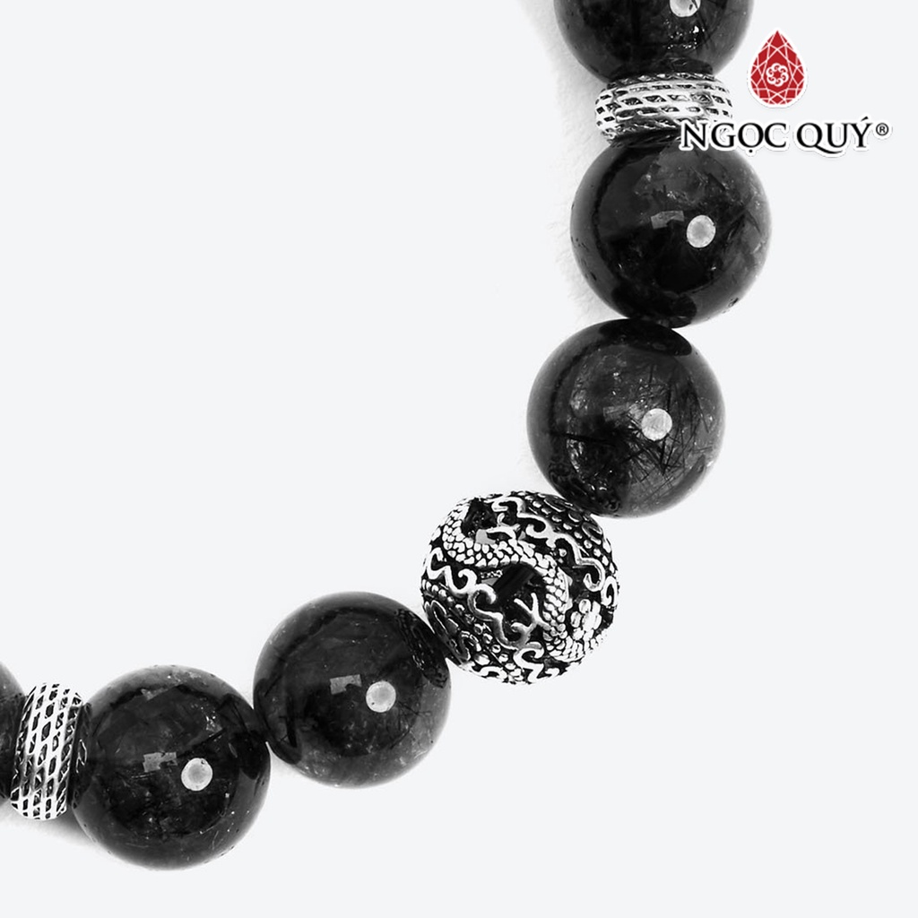 Vòng TA tóc đen phối charm rồng bạc 12mm - Ngọc Quý