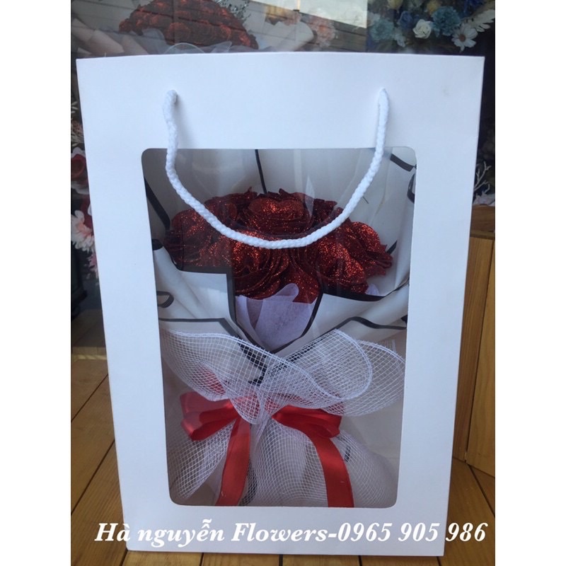 [quà sinh nhật-quà 14/2] Combo Bó hoa hồng nhũ 7 bông tặng kèm Túi + Thiệp như hình