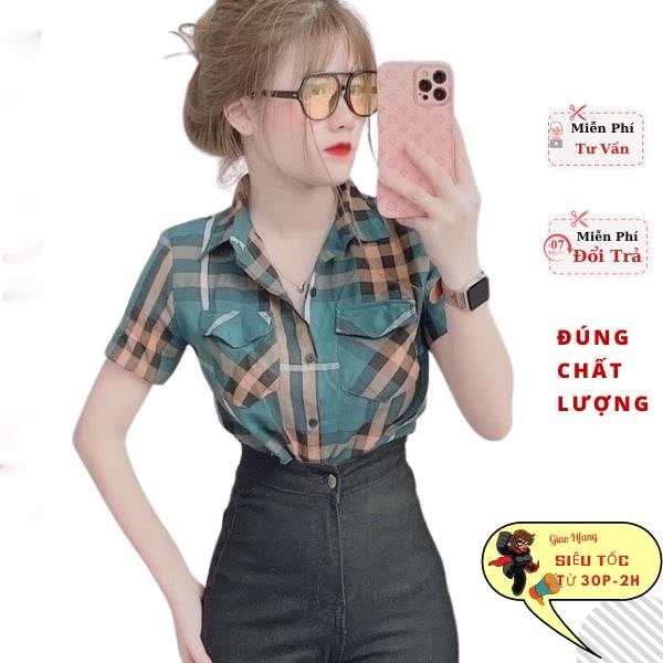 Áo sơ mi nữ carô màu hot tay ngắn dáng vừa chất liệu cotton onesize dưới 55kg mặc đi học đi làm đi chơi