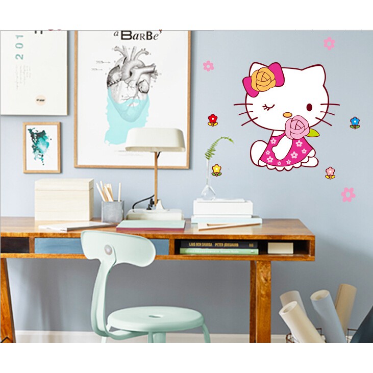 Miếng dán tường hình mèo Hello Kitty nghệ thuật dễ thương DIY trang trí phòng tắm/nhà vệ sinh gia đình