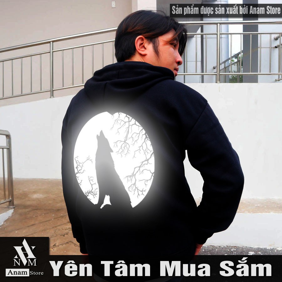 Áo hoodie dây kéo, Vải Nỉ Ngoại, Nam Nữ, Phản Quang Sói Hú, Anam Store