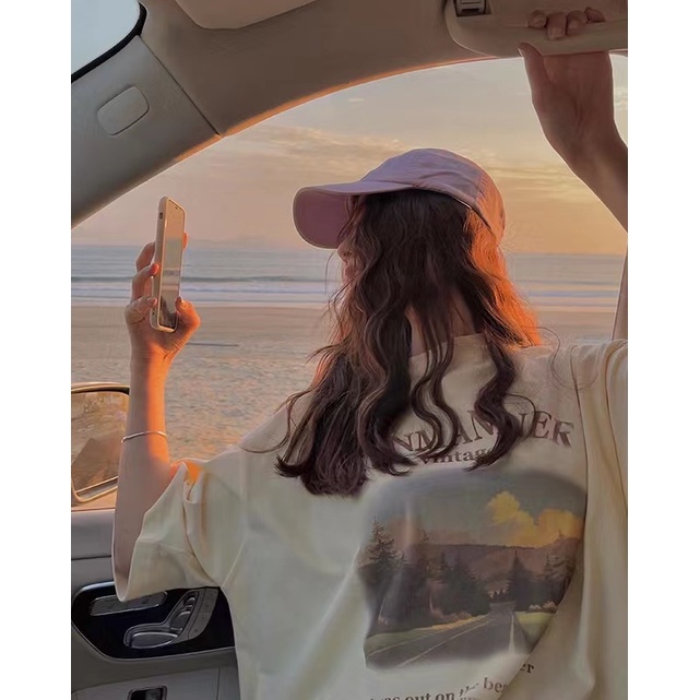 Beryl🌻Áo phông nữ 🌼Áo thun tay ngắn in màu vàng kem phong cách Hàn Quốc Oversize