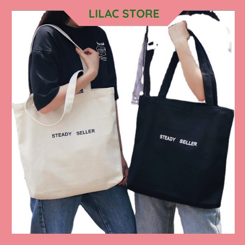 Túi vải Canvas dọc in chữ Steady Seller 2 màu đen trắng