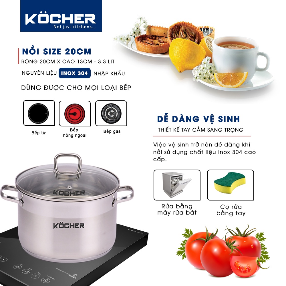 Nồi inox 304 5 đáy cao cấp dùng cho bếp từ KOCHER size 20cm - Hàng nhập khẩu chính hãng