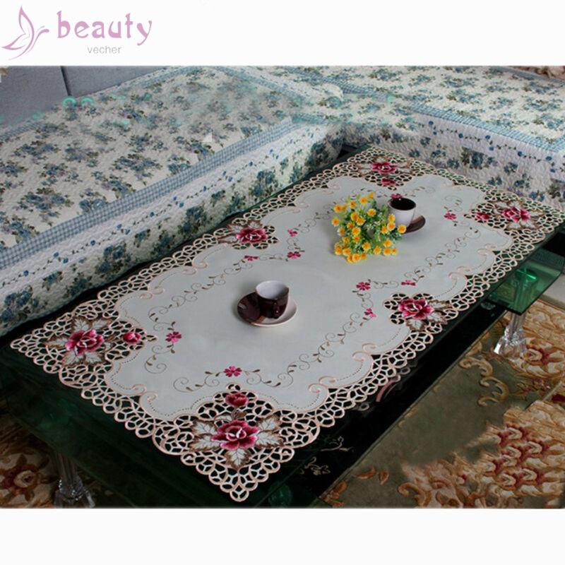 Khăn Trải Bàn Hình Chữ Nhật Phối Ren Dễ Giặt Để Trang Trí