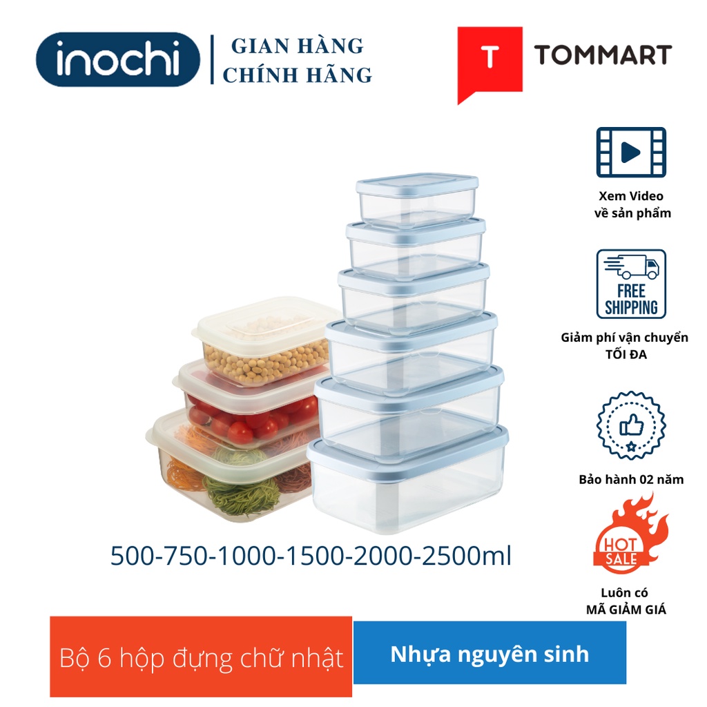 Bộ 6 Hộp Nhựa Đựng Thực Phẩm Chữ Nhật Inochi Không mùi Kháng Khuẩn 6 sizes 500-750-1000-1500-2000-2500ml