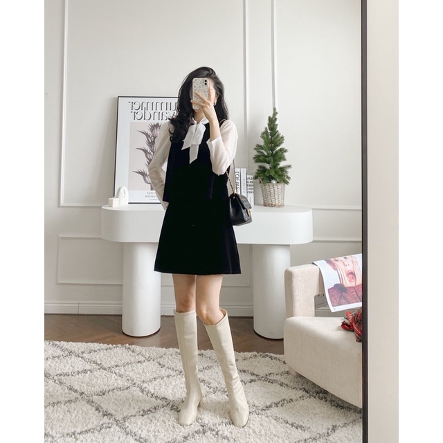 Ceci Cela - Áo Ren Tay Dài Viron Tiểu Thư / Chân Váy Nhung Ngắn Velvet