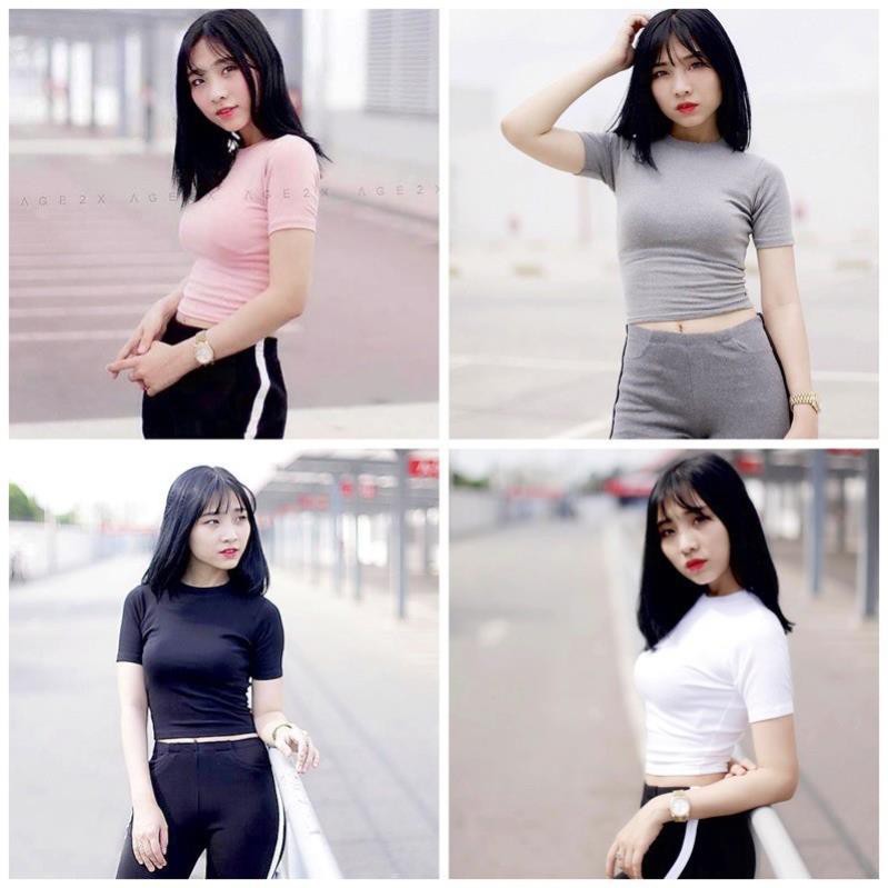 Áo thun croptop nữ MADELA cổ tròn dáng ôm tay ngắn , croptop nữ cổ tròn tay ngắn vải co giãn 4 chiều | BigBuy360 - bigbuy360.vn