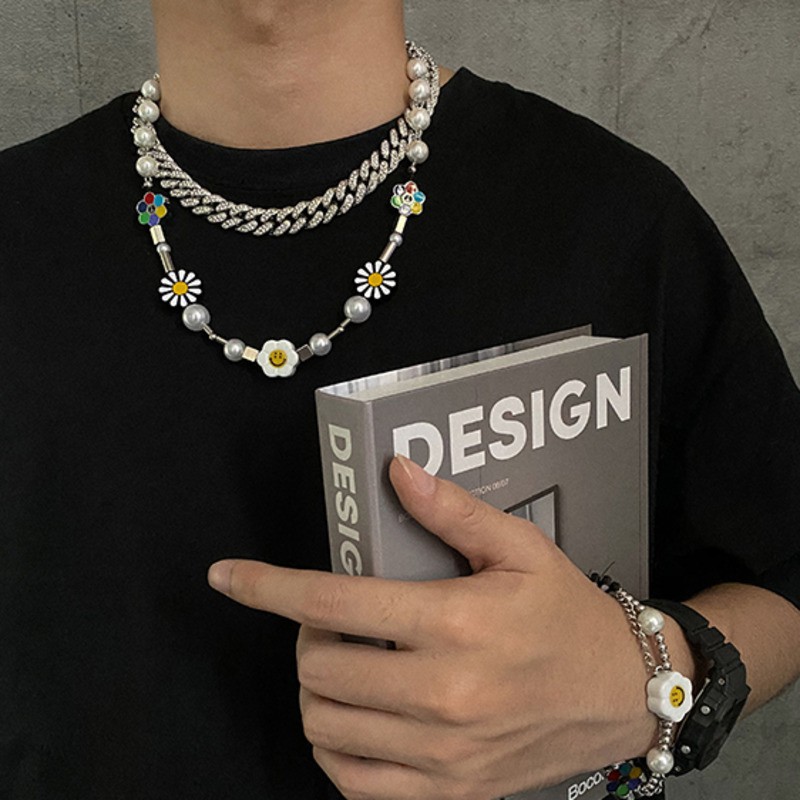 Vòng Cổ Mặt Hình Hoa Cúc Đính Ngọc Trai Sang Trọng Theo Phong Cách Hip Hop Cá Tính