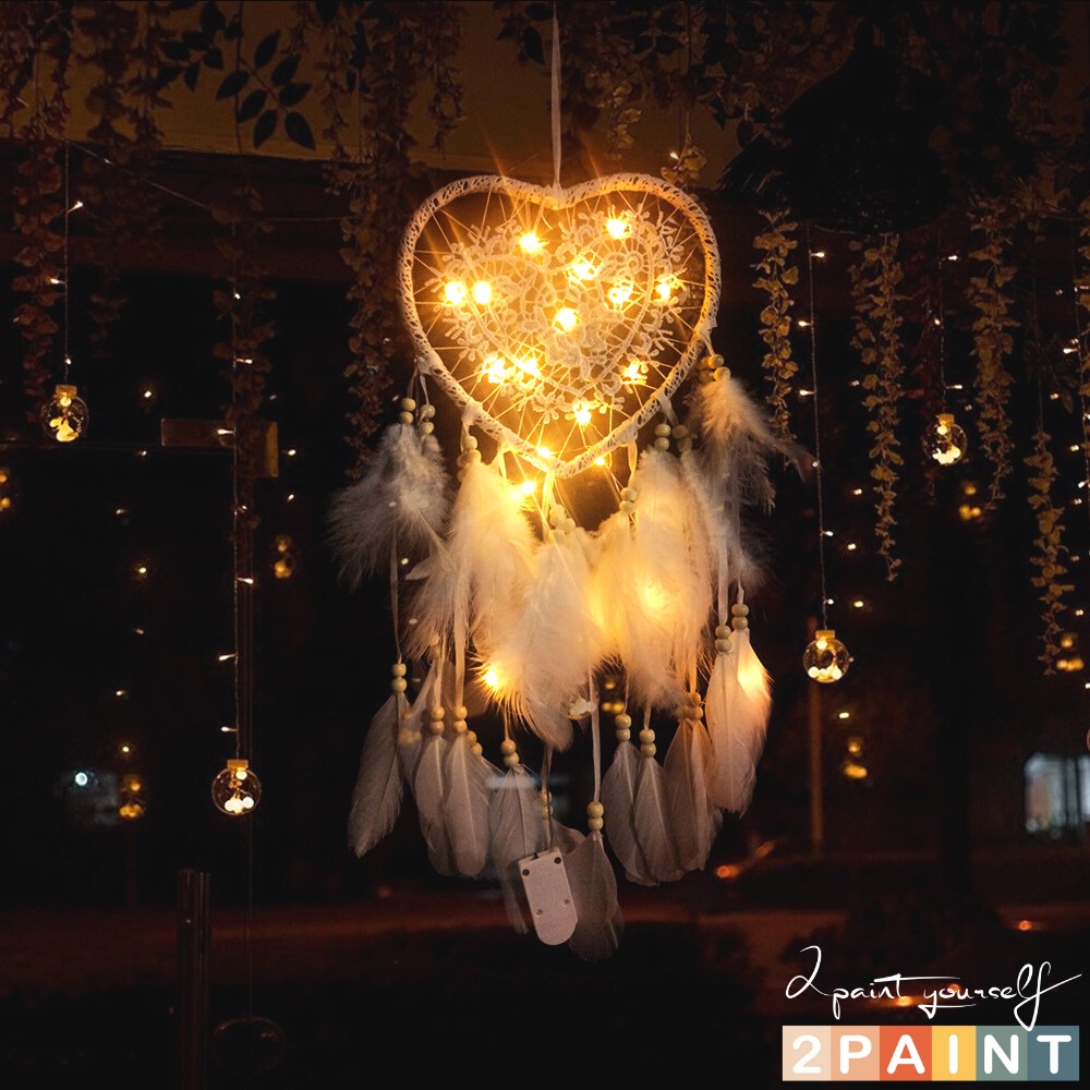 Dreamcatcher lông vũ gắn đèn hình tròn, Đèn led trang trí phòng ngủ treo tường 2PAINT