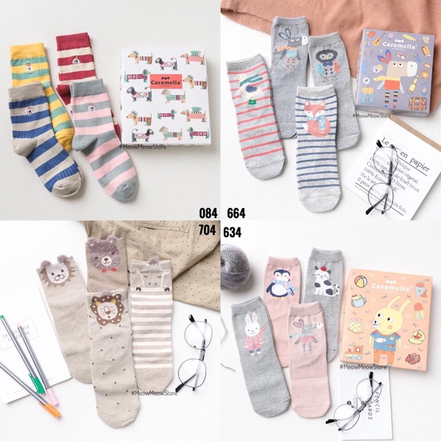 Set 4 đôi tất nữ cao cấp cổ cao hình thú hãng Caramella chất vải cotton co giãn mềm mại