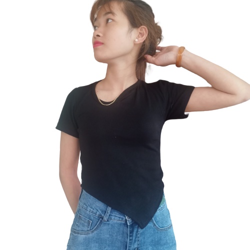 Áo kiểu nữ đẹp vai lệch cổ áo đính xích vạt áo tam giác màu trắng,đỏ, nâu, ghi
