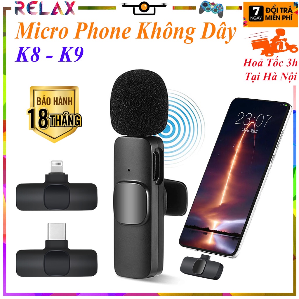 Micro cài áo không dây K8 - K9 khử tiếng ồn siêu cấp, Micro thu âm không dây mẫu mới 2023 - hàng chính hãng