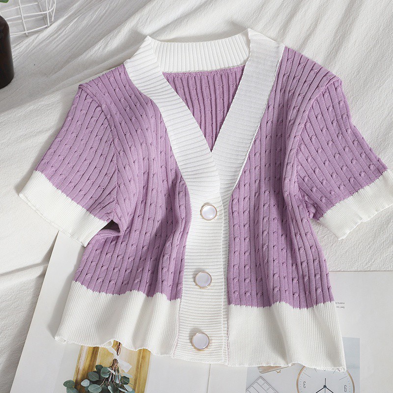 Áo Dệt Kim Tay Ngắn Cổ Chữ V Dễ Phối Đồ Hợp Thời Trang COZOK