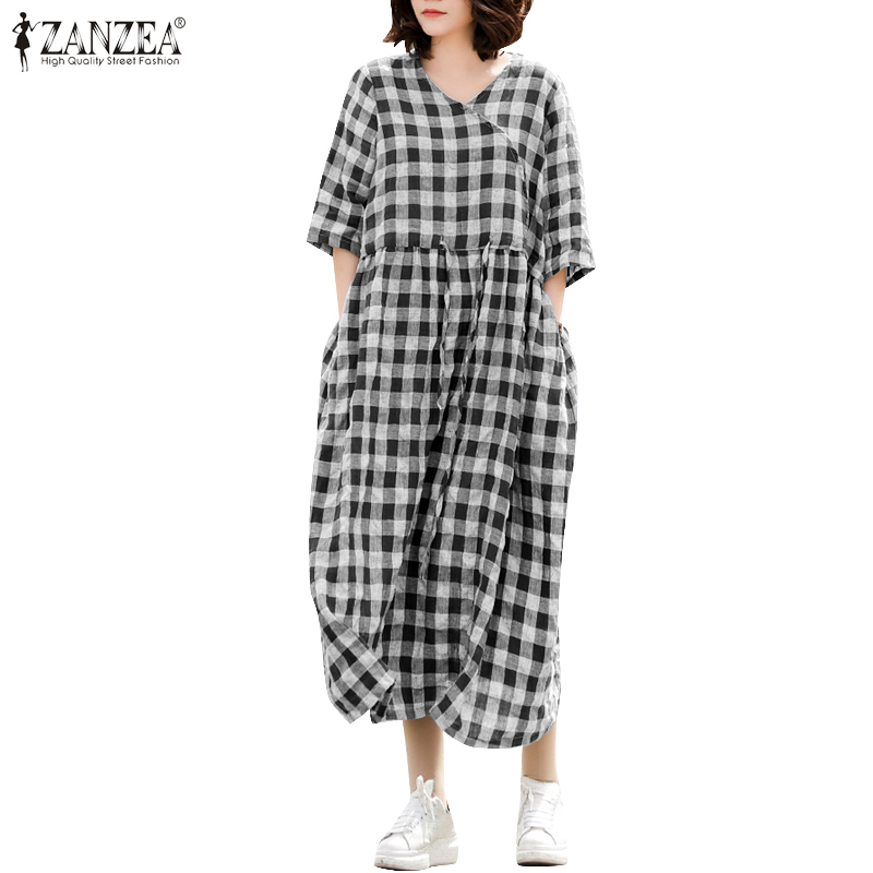 Đầm Maxi ZANZEA Tay Lỡ Dáng Rộng In Họa Tiết Sọc Ca Rô Thời Trang Cho Nữ