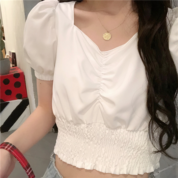 Áo kiểu nữ croptop ôm tay ngắn bồng 2021, áo croptop nữ đẹp màu trắng cổ V dúm ngực ôm eo thời trang hàn quốc du lịch