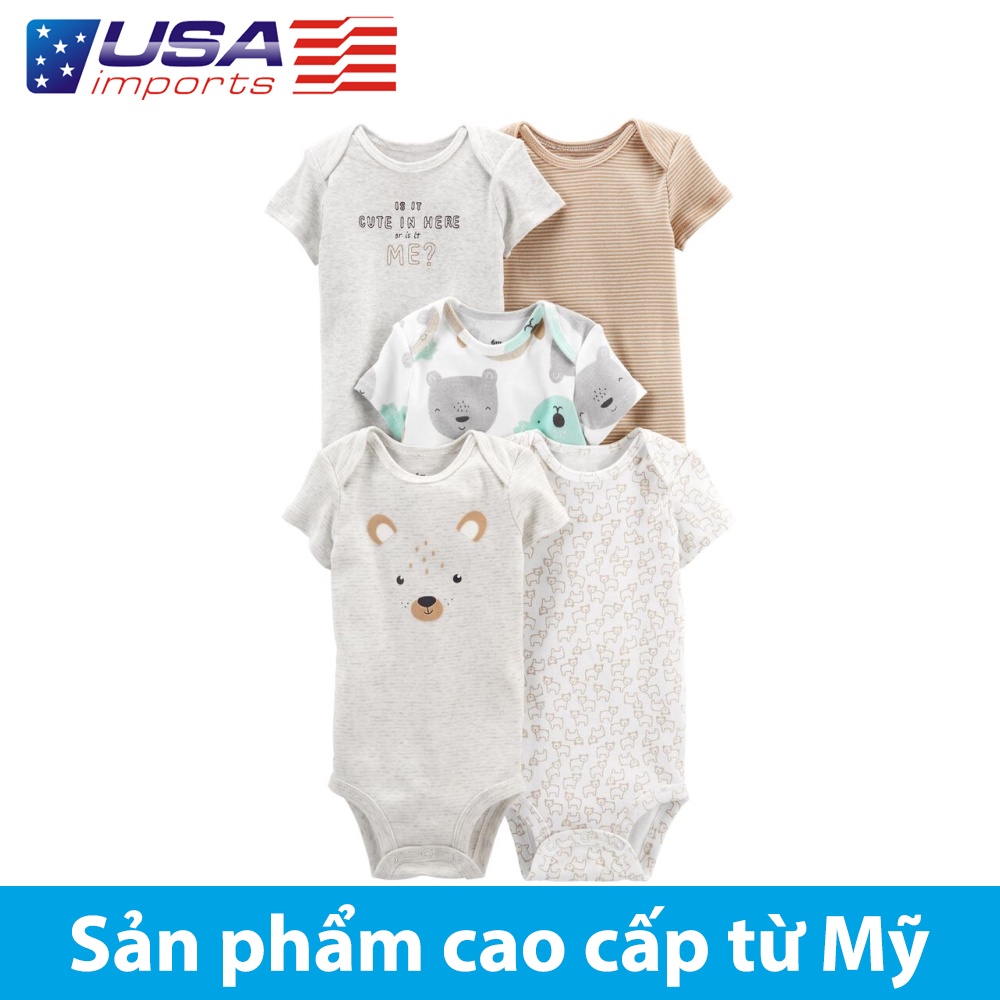 Set 5 áo liền quần tay ngắn hình gấu phối nâu Car-tờ Auth Từ Mỹ