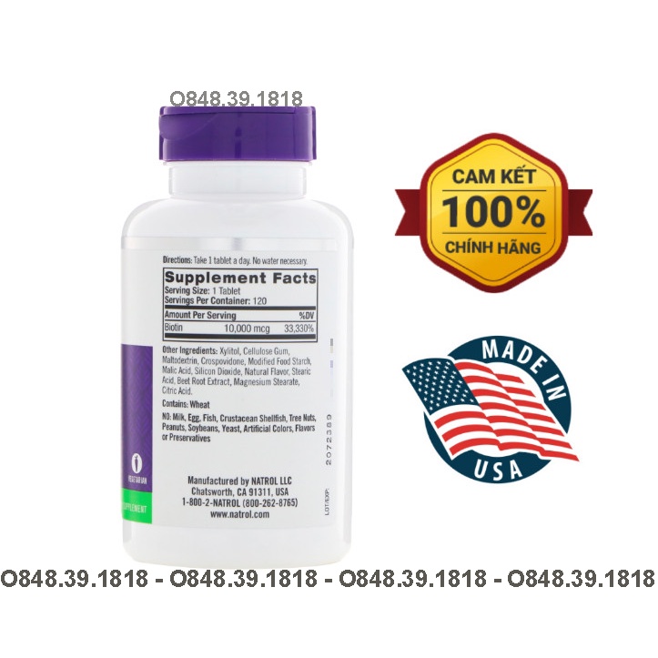 Natrol Biotin 10,000mcg Hỗ Trợ Mọc Tóc - Ngăn Rụng Tóc - Móng Chắc Khỏe