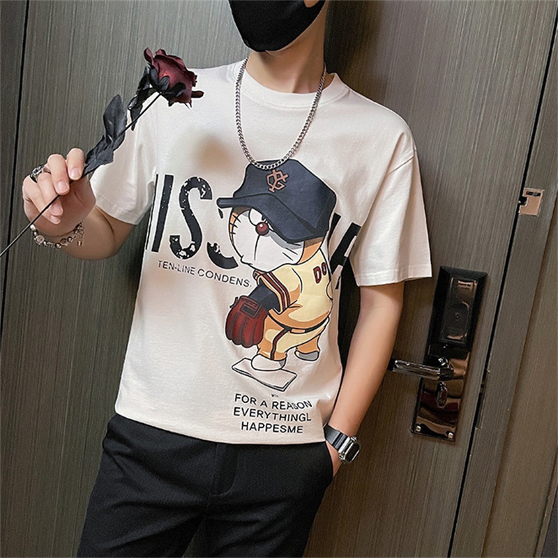 Áo thun PURUILONG cotton ngắn tay in hình mèo máy Doraemon phong cách Hàn Quốc dành cho nam