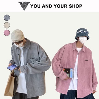 Áo sơ mi nam nữ- sơ mi chất nhung gân form rộng unisex thêu logo