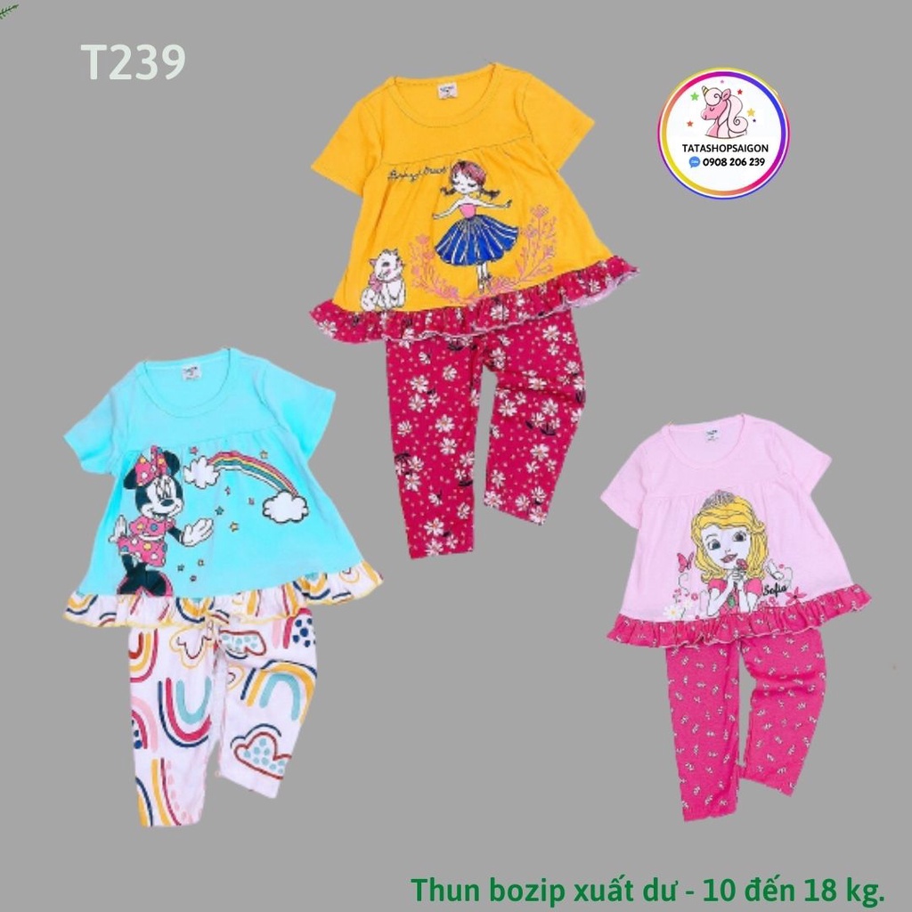 T239 Bộ quần áo bé gái tay ngắn quần dài thu đông thun boirp xuất dư 10-18kg