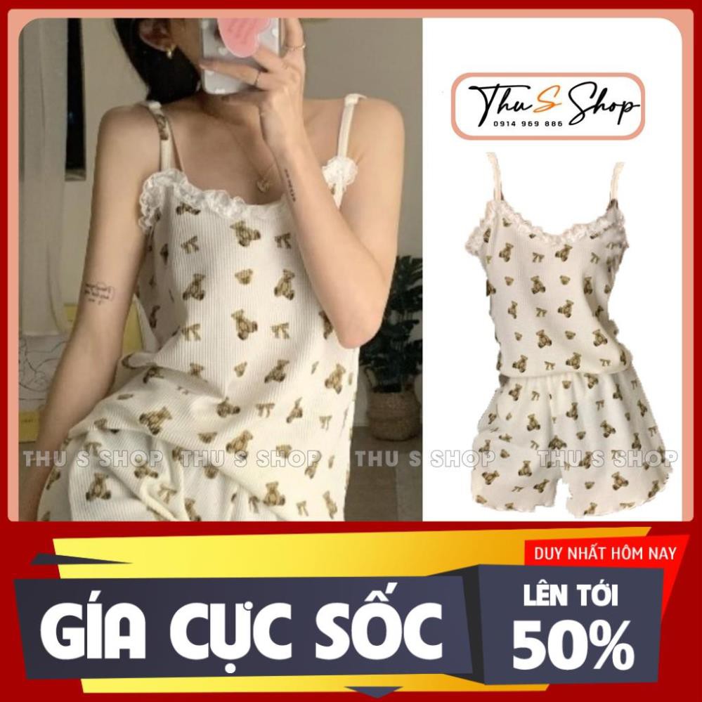 Set Ngủ 2 Dây Ren Họa Tiết Gấu THUS, Bộ đồ mặc nhà quần đùi ống rộng vạt bèo áo thun tăm cực mát *