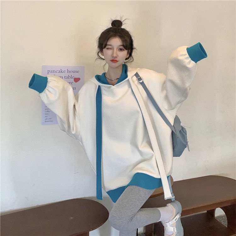 Áo hoodie tay dài dáng rộng màu sắc tương phản dành cho nữ