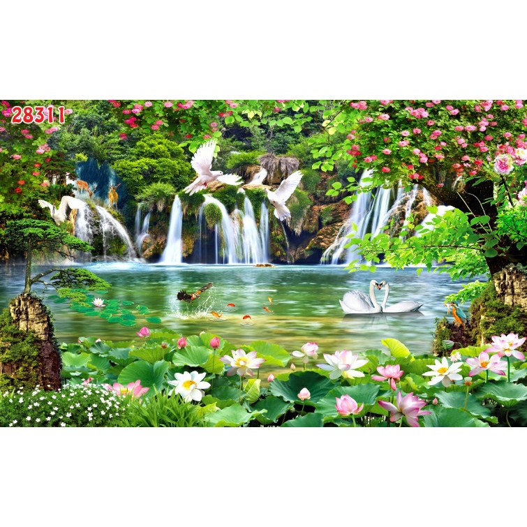 Tranh dán tường 3d phong cảnh thiên nhiên trang trí phòng khách chất liệu decal pp keo sẵn bóc dán atk20