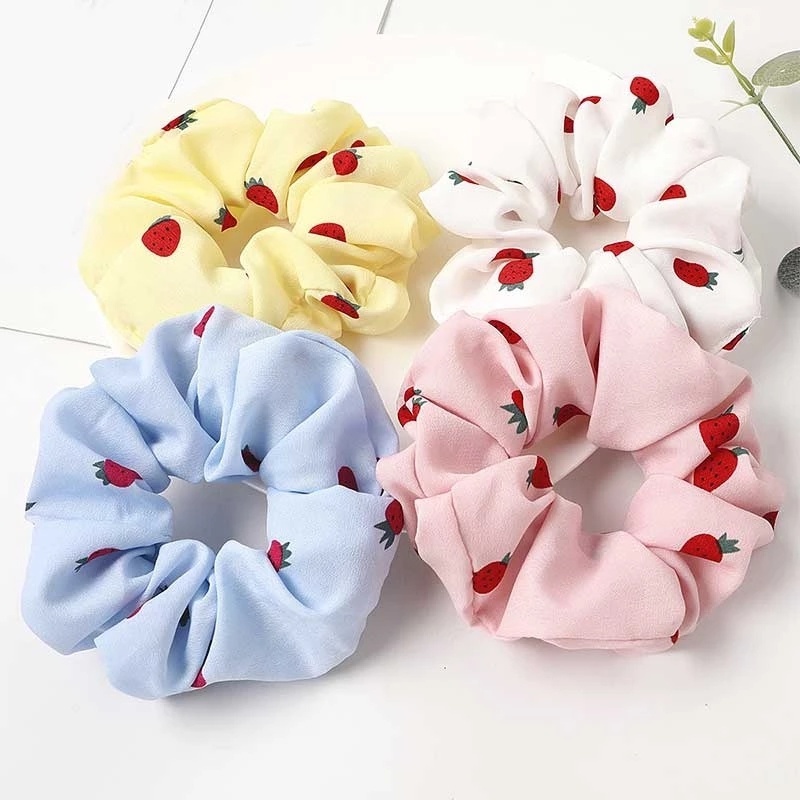 Dây Buộc Tóc Vải Voan Họa Tiết Dâu Tây Dễ Thương Phong Cách Hàn Quốc