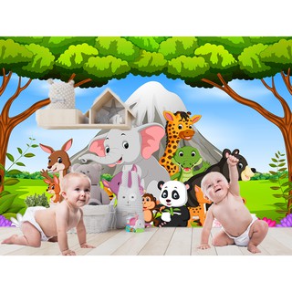 Bé con với voi gấu và nai, Tranh dán tường 3d trang trí phòng em bé hiện đại (tích hợp sẵn keo) 1,2m x 1,9m MS1018382800
