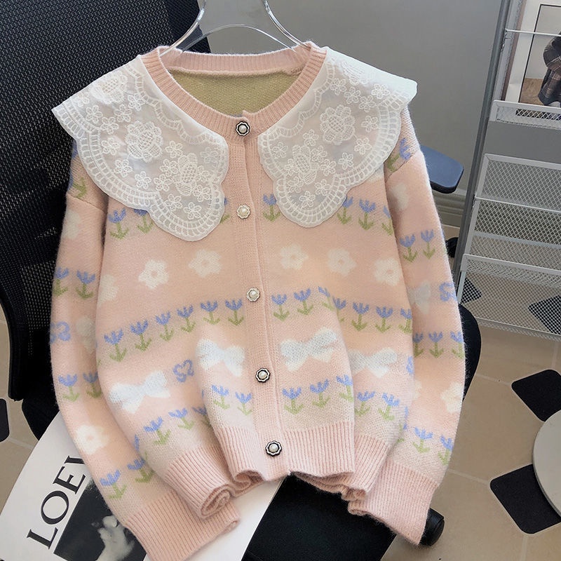 Áo Khoác Cardigan Dệt Kim Tay Dài Phối Ren Hoa Thiết Kế Cổ Búp Bê Nữ Tính  tao bao