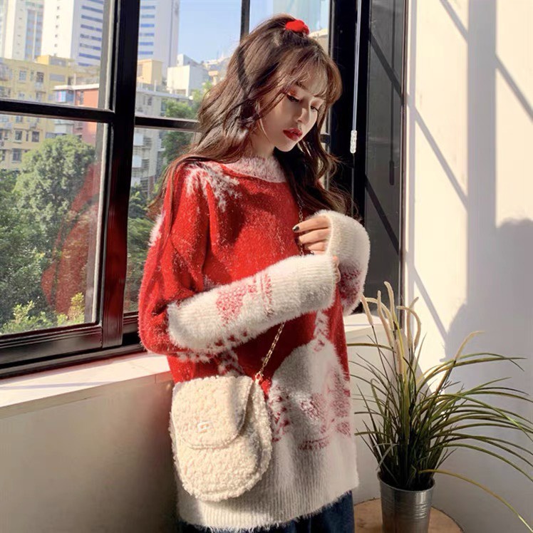 Áo Len Noel Nữ, Áo Cổ Tròn Tay Dài Form Dáng Rộng Chất Len Dày Dặn Họa Tiết Giáng Sinh Thời Trang Thu Đông Siêu Xinh, Ấm | BigBuy360 - bigbuy360.vn