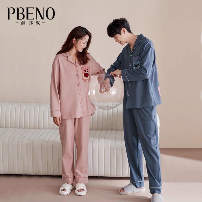 Bộ ngủ đôi lụa gấu hồng dâu tây Stitch dễ thương